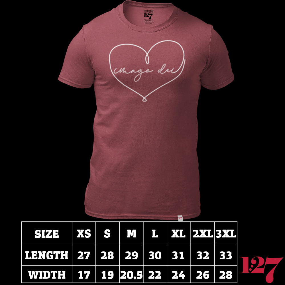 Crimson Red Shirt with a heart that spells out Imago Dei.