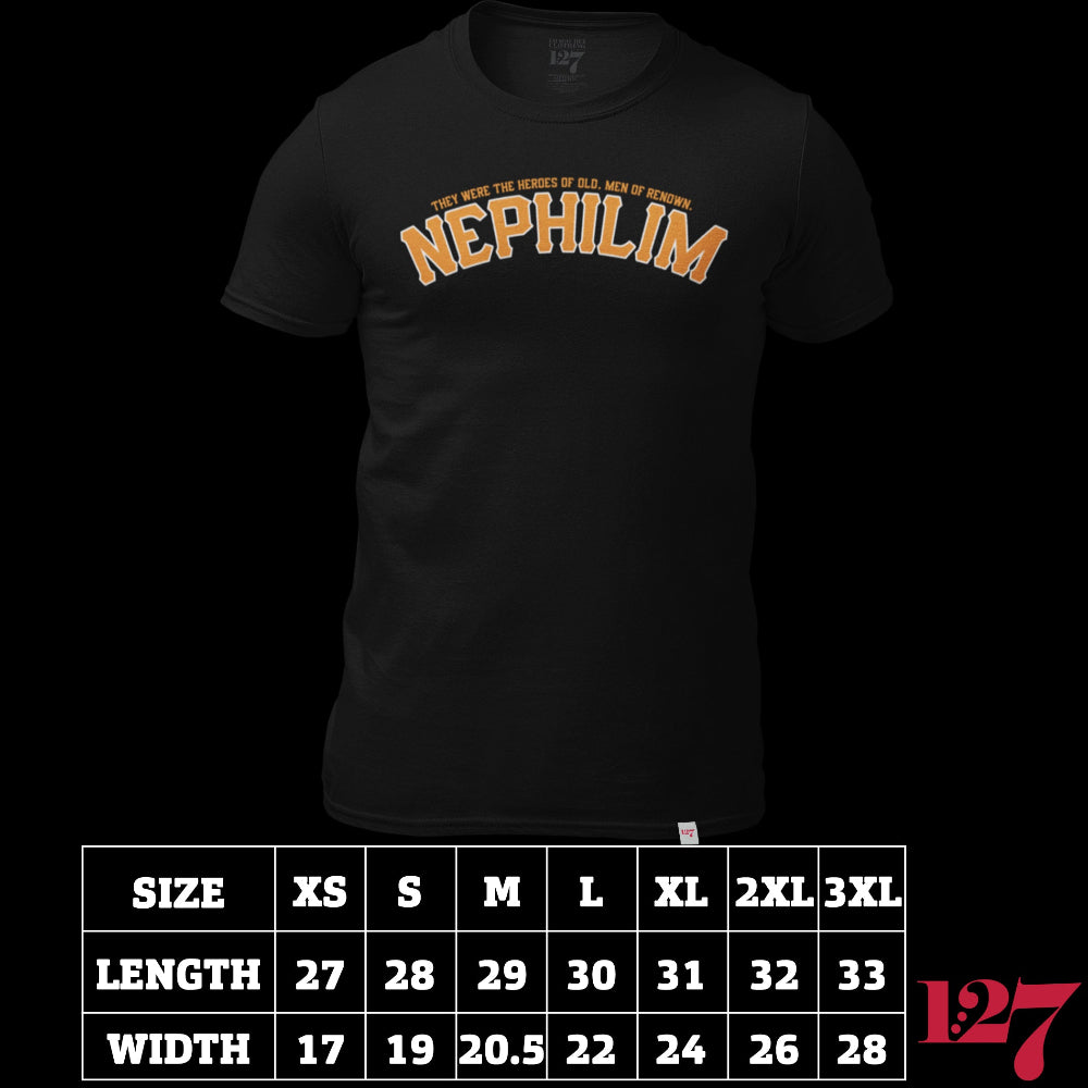 Black Shirt with the Word Nephilim written across the chest with orange ink. Inspired by the San Fransisco Giants logo.