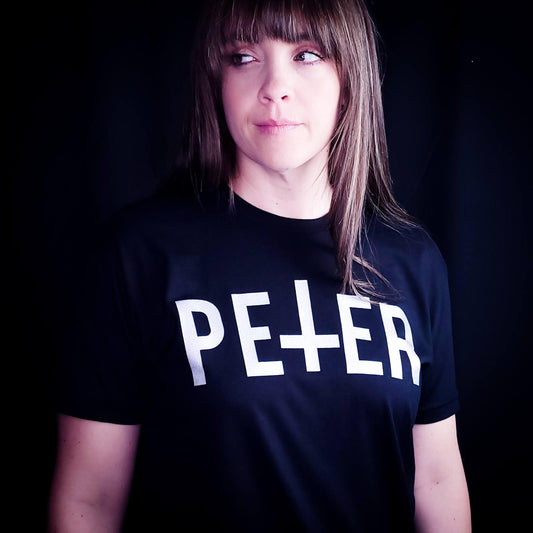 Black Shirt with a Petrine Cross on the front in the name of Saint Peter.