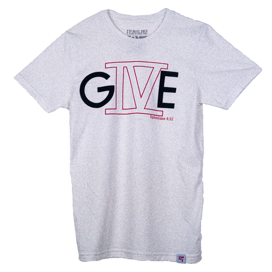 White t-shirt with the letter G with the roman numeral 4 followed by the letter E to spell out GIVE.