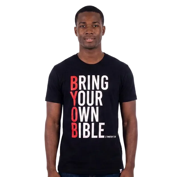 Person wearing a black t-shirt with 'Bring Your Own Bible' text on a white background