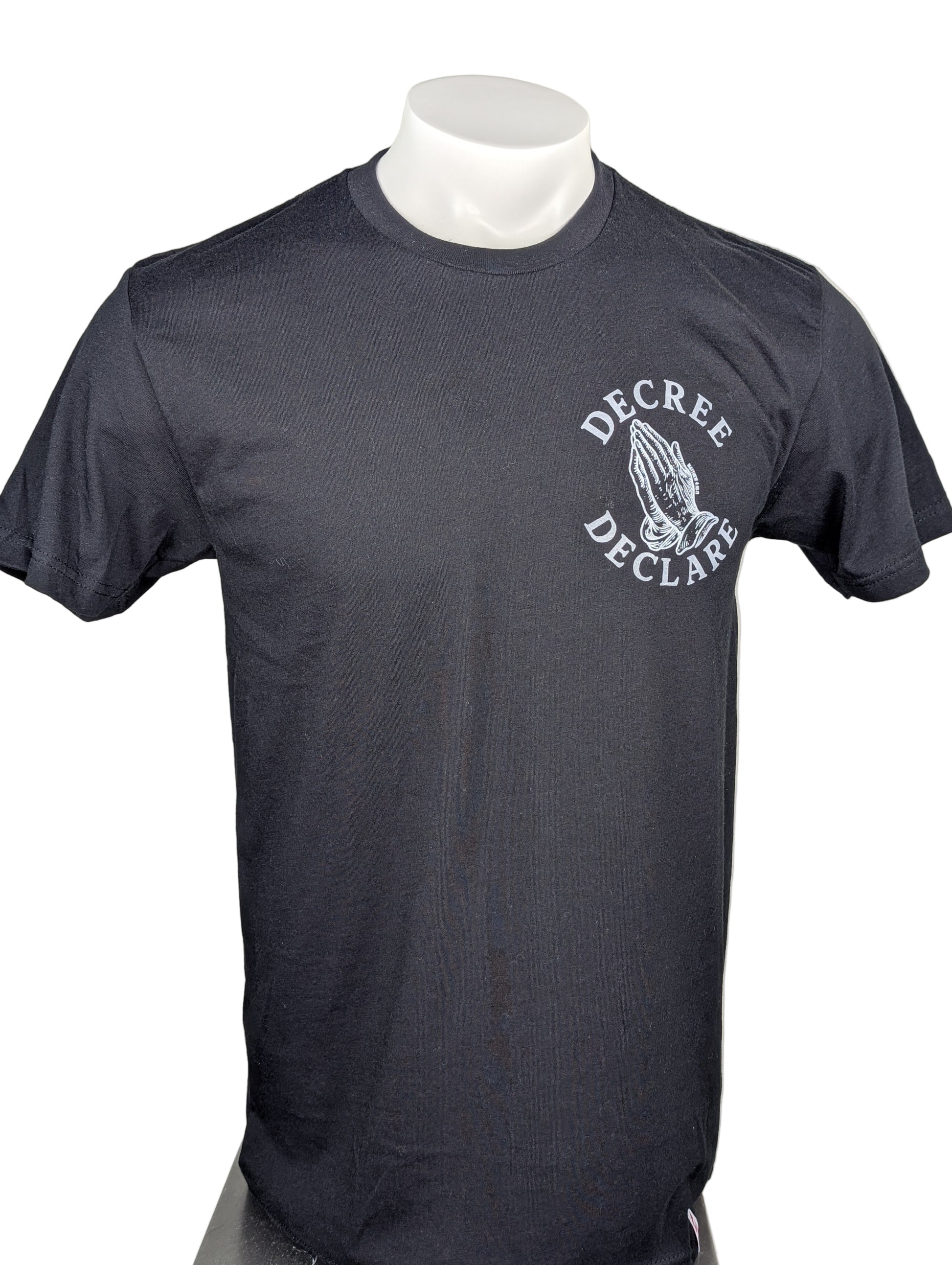 Black t-shirt with white logo on a mannequin against a white background