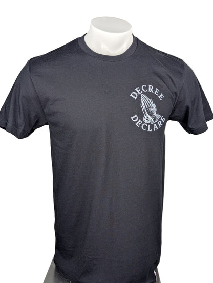 Black t-shirt with white logo on a mannequin against a white background