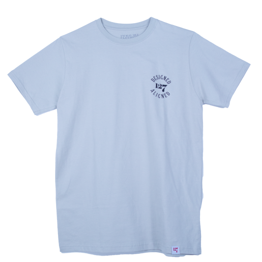 Ash gray shirt with front and back design that says Designed and Aligned. With the 1:27 logo on the chest.