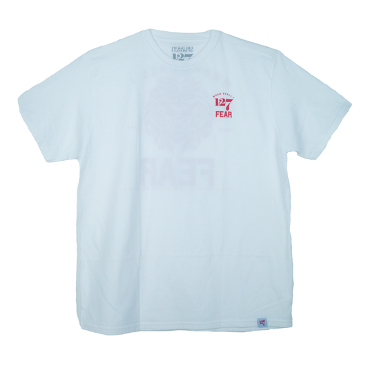 White shirt with red writing that says Whom Shall I fear.
