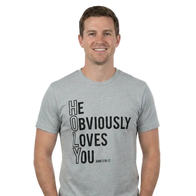 Man wearing a gray t-shirt with text on a white background