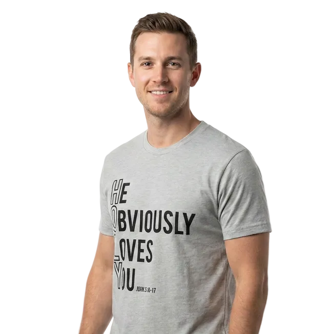 Man wearing a gray t-shirt with text on a white background