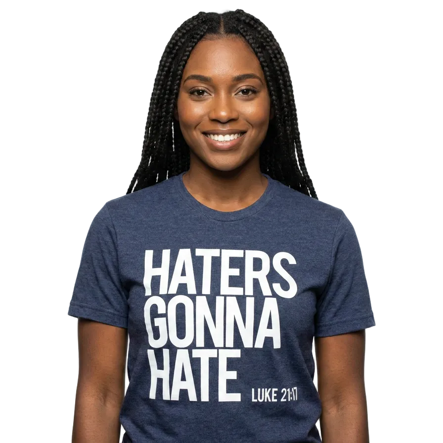 Person wearing a blue t-shirt with 'HATERS GONNA HATE' text on a white background