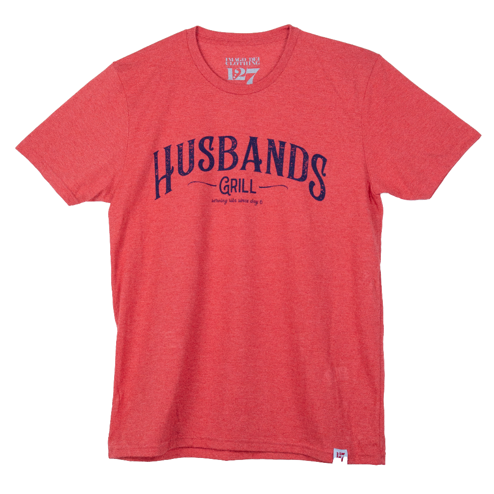 Red t-shirt with the word Husbands Grill in navy blue. 