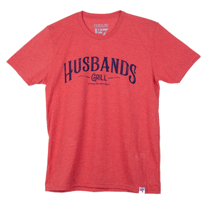 Red t-shirt with the word Husbands Grill in navy blue. 