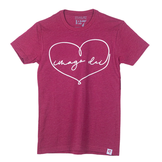 Crimson Red Shirt with a heart that spells out Imago Dei.