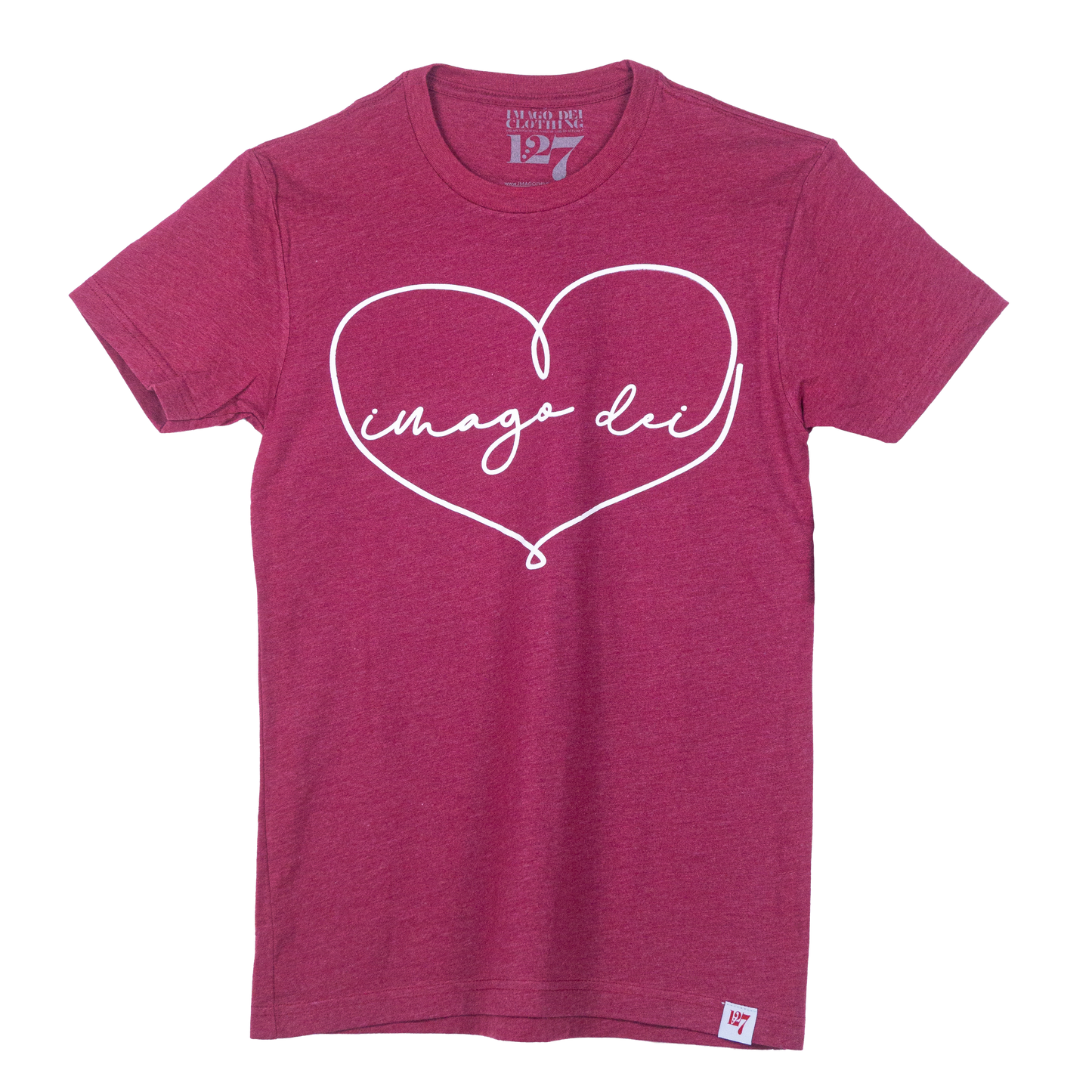 Crimson Red Shirt with a heart that spells out Imago Dei. 