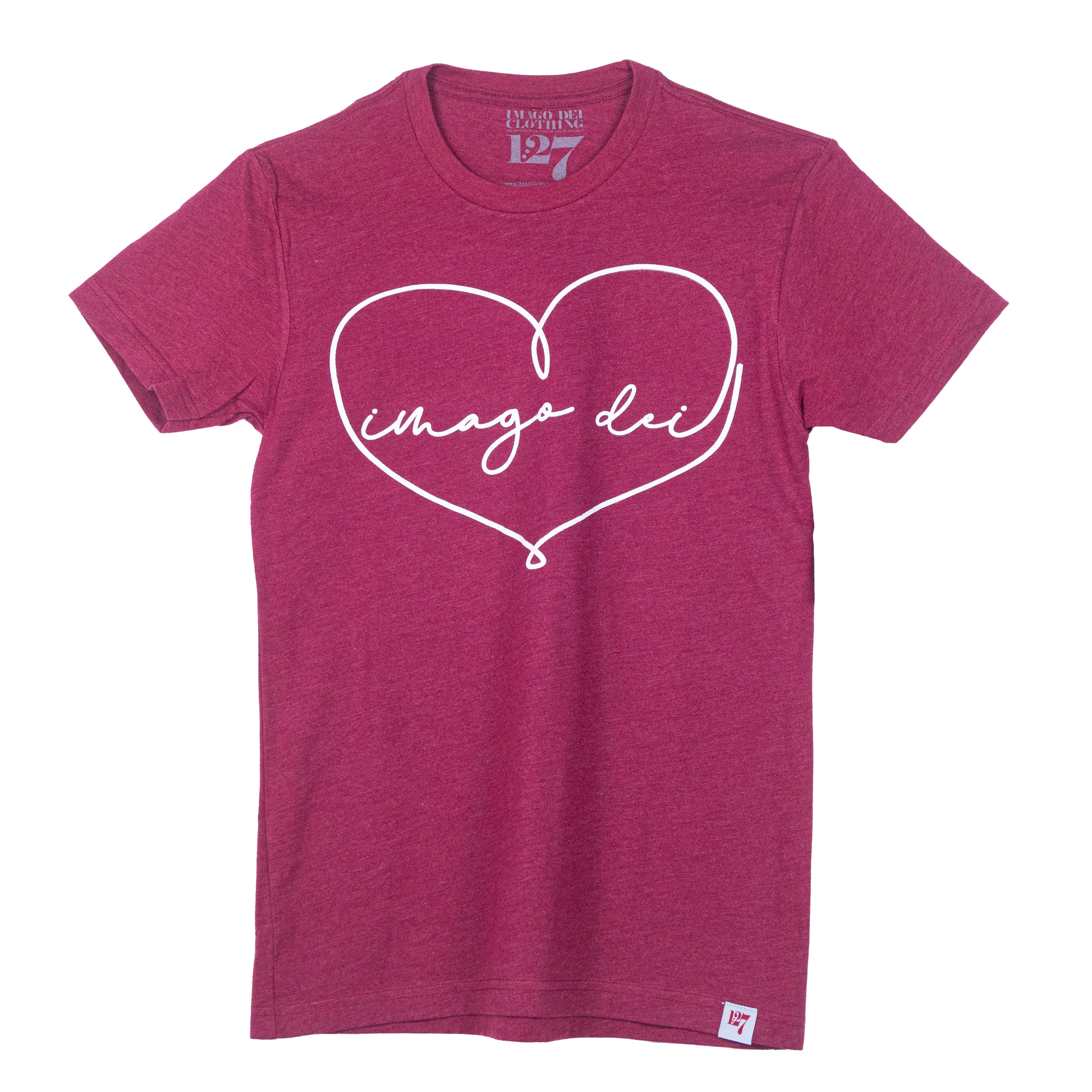 Crimson Red Shirt with a heart that spells out Imago Dei. 