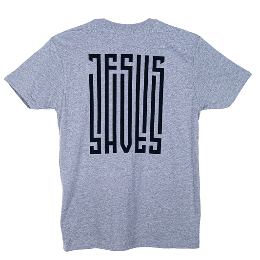 T-shirt with a barcode that says Jesus Saves on the left chest and fully down the back of the shirt.