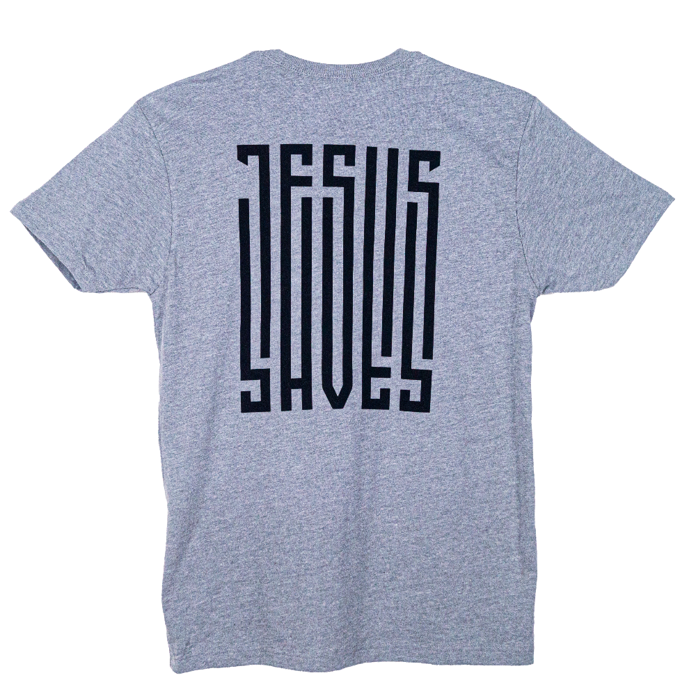 T-shirt with a barcode that says Jesus Saves on the left chest and fully down the back of the shirt. 