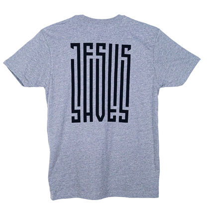 T-shirt with a barcode that says Jesus Saves on the left chest and fully down the back of the shirt. 