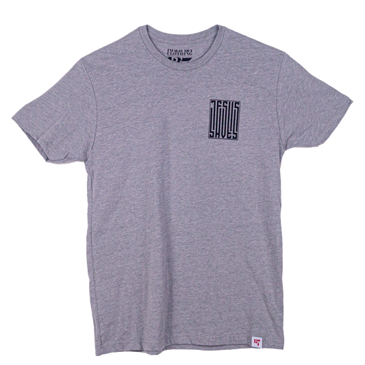 T-shirt with a barcode that says Jesus Saves on the left chest and fully down the back of the shirt.