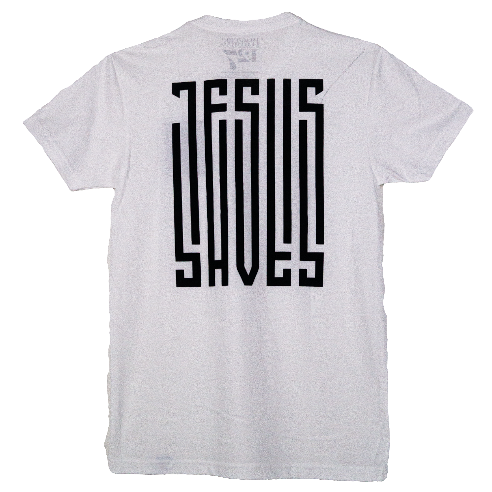 T-shirt with a barcode that says Jesus Saves on the left chest and fully down the back of the shirt. 