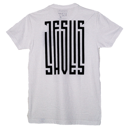 T-shirt with a barcode that says Jesus Saves on the left chest and fully down the back of the shirt. 