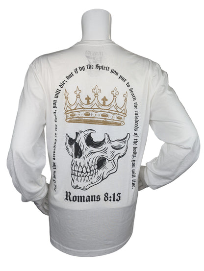 White long-sleeve shirt with a skull design and text on a mannequin against a gray background
