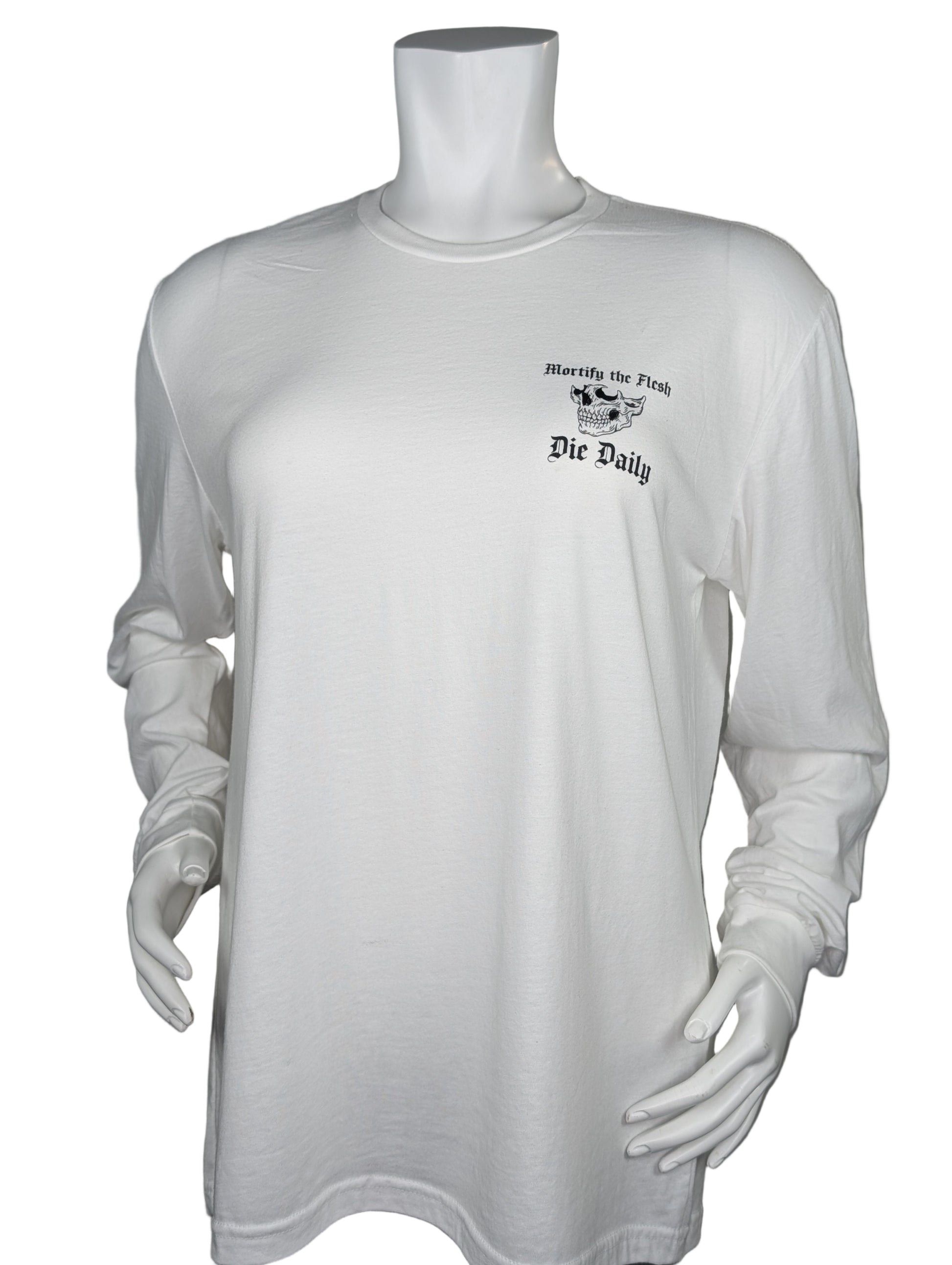 White long-sleeve shirt on a mannequin against a gray background