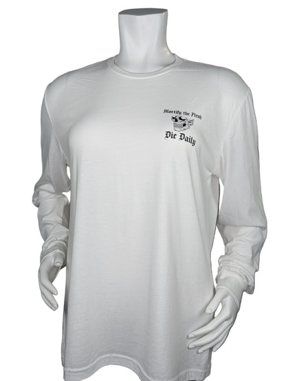 White long-sleeve shirt on a mannequin against a gray background