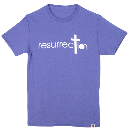 Purple T-shirt with the word Resurrection written across the chest. 