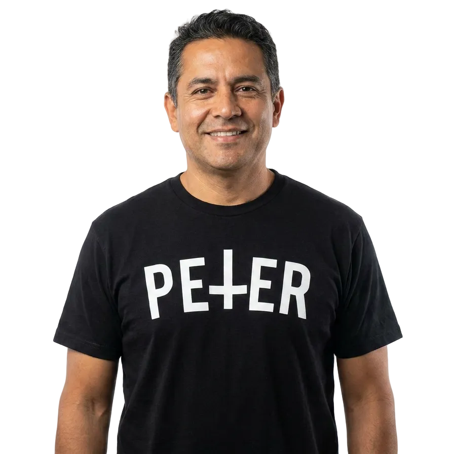 Man wearing a black t-shirt with 'PETER' printed on it against a white background