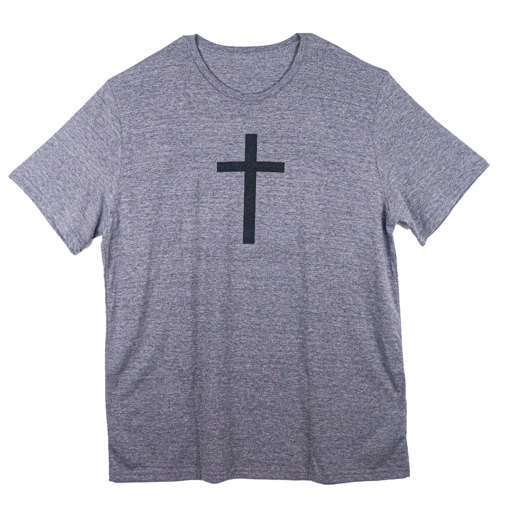 Gray t-shirt with a cross across the front that reveals the word Victory when it gets wet. 