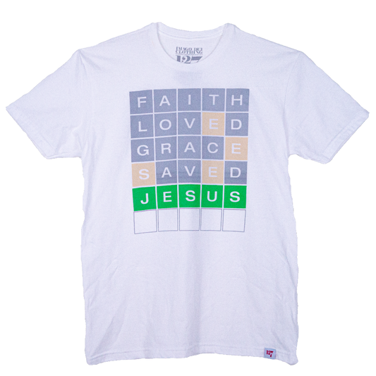 White T-shirt with the words Faith, Loved, Grace, Saved, and Jesus in a format of the game Wordle.