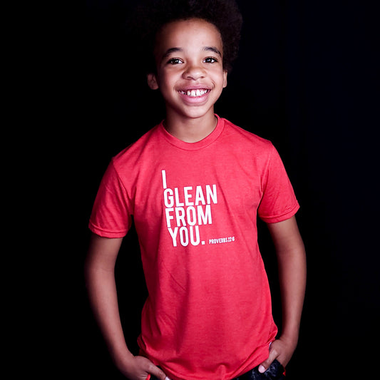 I Glean from you. Young man wearing red I glean from you Christian t-shirt. 