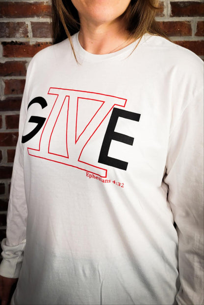 White Long sleeve shirt that says GIVE with the roman number 4 in the middle. 