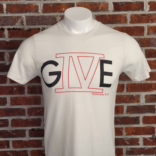 White t-shirt with the letter G with the roman numeral 4 followed by the letter E to spell out GIVE.