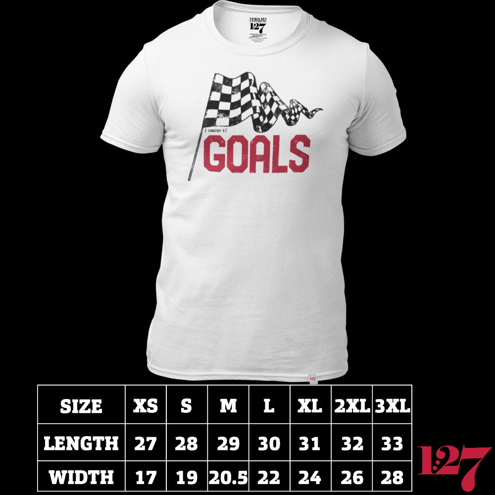 White T-shirt with the word Goals across the front underneath a checkered flag. The verse 2 Timothy 4:7 