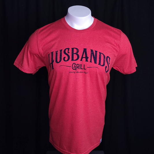 Red shirt that reads Husbands Grill across the chest.