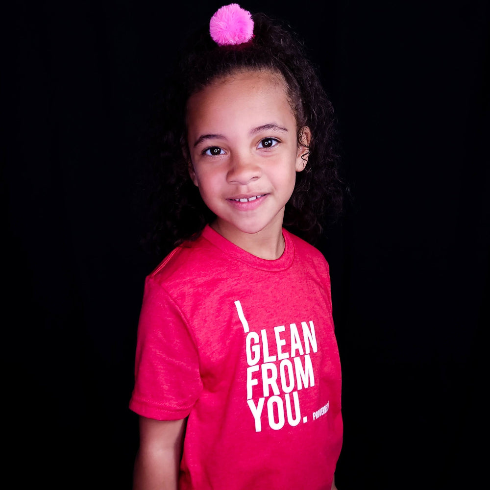 I Glean from you. Little girl wearing red Christian shirt. 