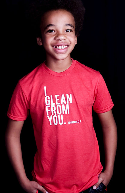 I Glean from you. Young man wearing red I glean from you Christian t-shirt. 