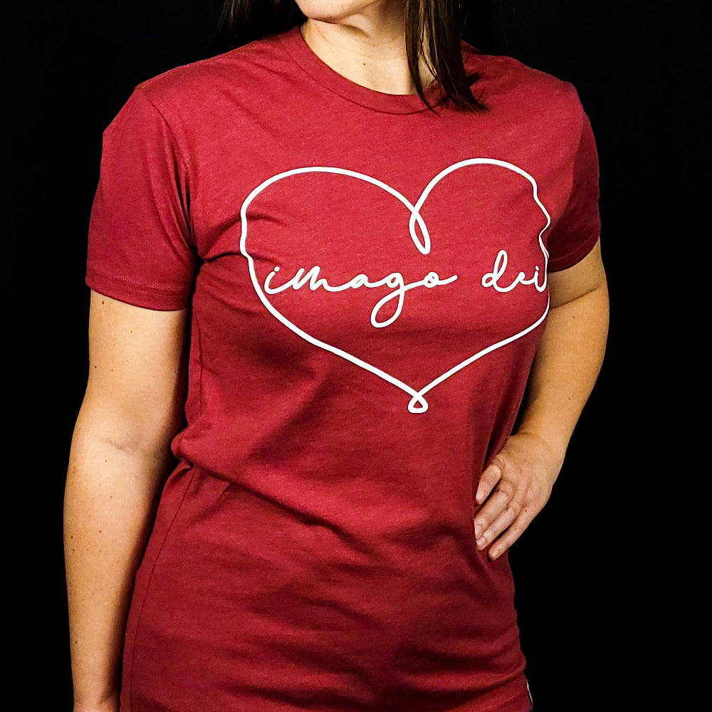 Crimson Red Shirt with a heart that spells out Imago Dei. 