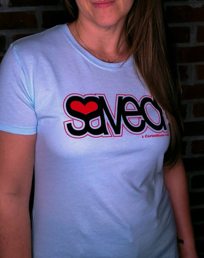 Light Blue t-shirt with the word Saved written along with a heart in the void of SA.
