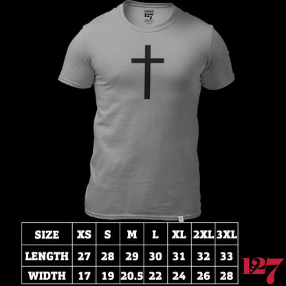 Gray t-shirt with a cross across the front that reveals the word Victory when it gets wet. 